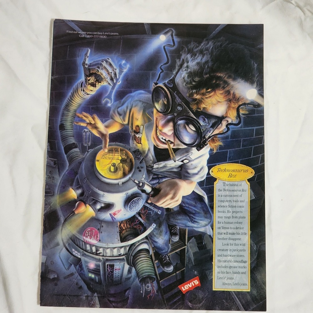 Vintage Print Ad Levi's jeans Technosaurus Rex mad scientist clipping 1990